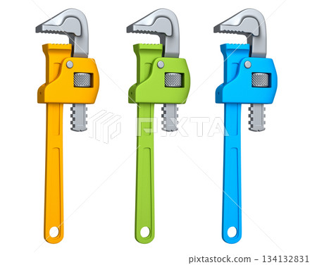 Set of colorful pipe wrenches with metallic jaws isolated on white background with clipping path, concept of construction tools Set of colorful pipe wrenches with metallic jaws isolated on white background with clipping path, concept of construction tools 134132831