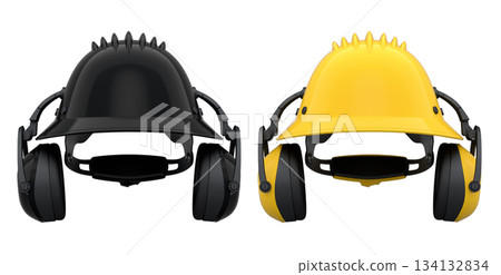 Protective helmets with attached earmuffs isolated on white background with clipping path, safety construction equipment Protective helmets with attached earmuffs isolated on white background with clipping path, safety construction equipment 134132834