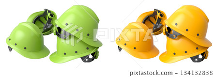 Set of construction safety helmets isolated on white transparent background, symbolizing safety and industry standards Set of construction safety helmets isolated on white transparent background, symbolizing safety and industry standards 134132838