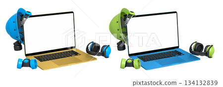 Laptops with blank screens surrounded by construction helmets, respirators and earmuffs on white background with clipping path 134132839