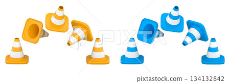 Traffic safety cones with white stripes, isolated on white background with clipping path. Concept of road safety equipment Traffic safety cones with white stripes, isolated on white background with clipping path. Concept of road safety equipment 134132842