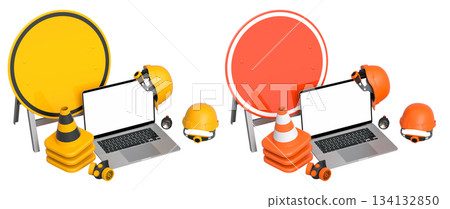 Laptops with blank screens surrounded by construction helmets, cones and warning signs on white background with clipping path Laptops with blank screens surrounded by construction helmets, cones and warning signs on white background with clipping path 134132850