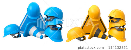 Construction hard hats, traffic cones, and road signs isolated on white background with clipping path, concept of safety gear 134132851