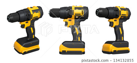 Set of cordless electric drills standing upright, isolated on white background with clipping path, power tool design concept Set of cordless electric drills standing upright, isolated on white background with clipping path, power tool design concept 134132855