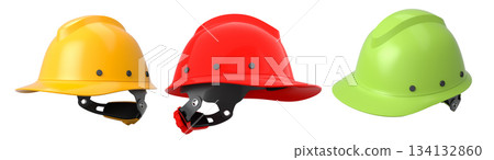 Set of construction safety helmets isolated on white transparent background, symbolizing safety and industry standards Set of construction safety helmets isolated on white transparent background, symbolizing safety and industry standards 134132860
