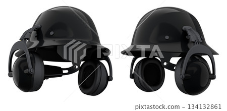 Protective helmets with attached earmuffs isolated on white background with clipping path, safety construction equipment Protective helmets with attached earmuffs isolated on white background with clipping path, safety construction equipment 134132861
