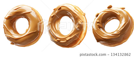 Tasty caramel-glazed donut topped with crunchy nuts, isolated on white transparent background 134132862