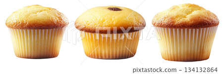 Golden brown vanilla muffin with fluffy texture in paper liner, isolated on white transparent background Golden brown vanilla muffin with fluffy texture in paper liner, isolated on white transparent background 134132864