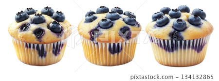 Freshly baked blueberry muffin with whole berries on top, isolated on white background. Concept of homemade dessert 134132865