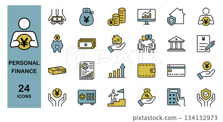 Personal finance and money management line icon set (color) 134132973
