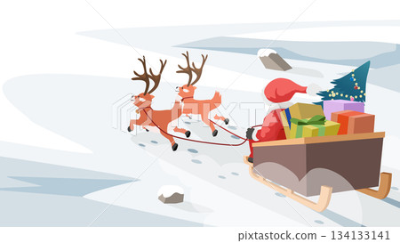 Santa Claus with pulls a large wooden sleigh filled with beautifully wrapped presents for children. Reindeer jingling their belted bells in the cold air gallop energetically across the icy landscape. Santa Claus with pulls a large wooden sleigh filled with beautifully wrapped presents for children. Reindeer jingling their belted bells in the cold air gallop energetically across the icy landscape. 134133141
