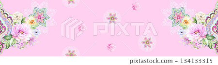 Assorted floral geometric and heart pattern panel designs in soft pastel colors 134133315