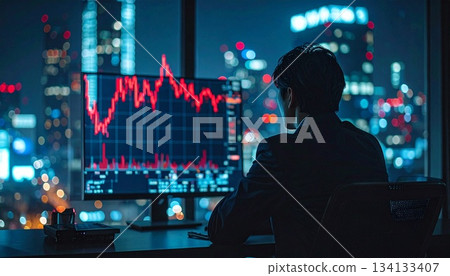 Japanese businessman facing stock market crash in his office late at night 134133407