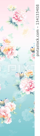 Assorted floral geometric and heart pattern panel designs in soft pastel colors 134133408