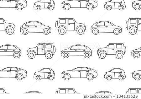 Flat cartoon vector illustration of black and white kids car pattern with modern sedans and jeeps on road, playful child theme, minimal transport mood, seamless design for children prints 134133529