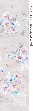 Assorted floral geometric and heart pattern panel designs in soft pastel colors 134133573