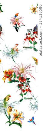 Assorted floral geometric and heart pattern panel designs in soft pastel colors 134133596