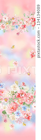 Assorted floral geometric and heart pattern panel designs in soft pastel colors 134134089