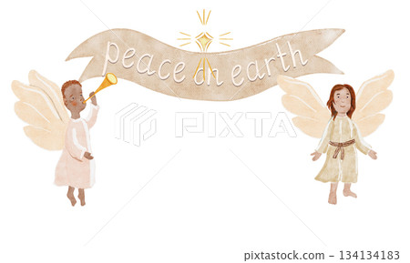 A pair of gentle watercolor angels with soft cloud-white ribbon with elegant Peace on earth lettering, with warm accents textures, perfect for Christmas cards, decor, inspirational holiday designs. 134134183