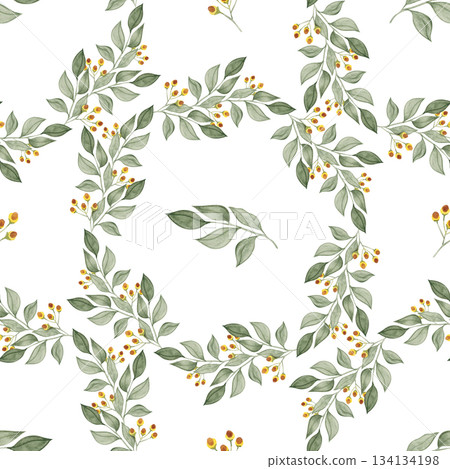 Seamless botanical pattern with eucalyptus branches and yellow berries, hand-painted watercolor foliage design, elegant nature texture for textile and packaging 134134198