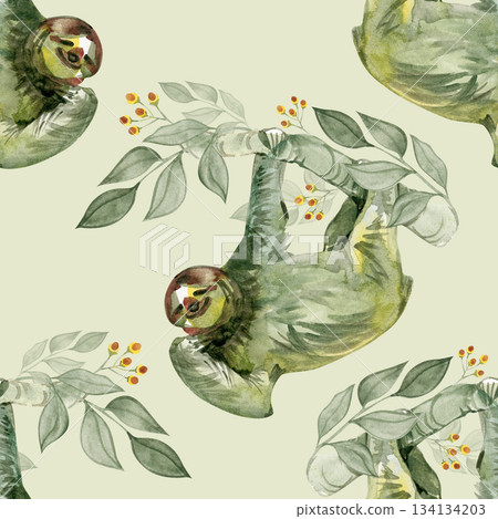 Watercolor seamless pattern with sloth portraits and tropical branches, hand-painted botanical animal artwork, rainforest design for textile and wrapping paper 134134203