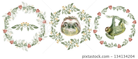 Watercolor illustration set of a sloth hanging on a branch inside a green wreath with yellow berries, hand-painted tropical animal art 134134204