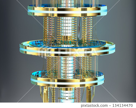 Golden quantum computer machine close up Golden quantum computer machine close up 134134470