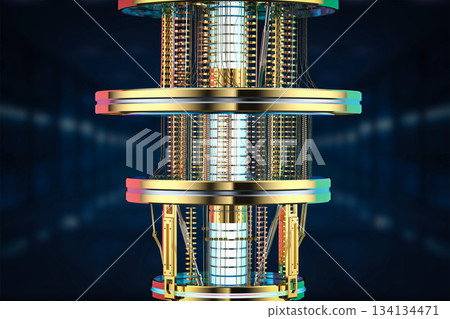 Golden quantum computer machine close up Golden quantum computer machine close up 134134471