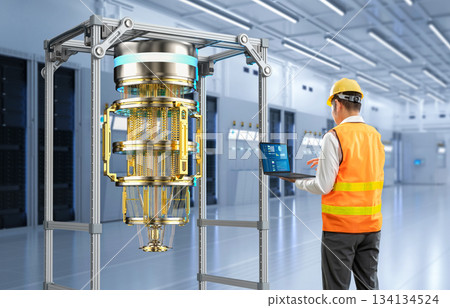 Quantum engineering technology with engineer develop quantum computer machine 134134524