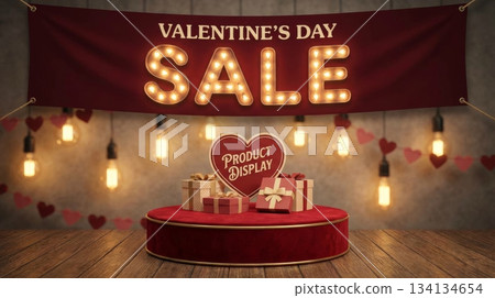 Valentine Sale Banner with Podium and Vintage Lights Valentine Sale Banner with Podium and Vintage Lights 134134654