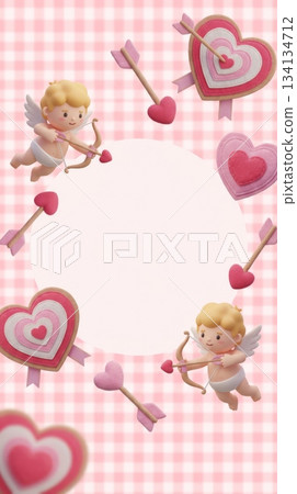 3D Valentine Gingham Background with Cupid, Heart Arrows, and Target 134134712