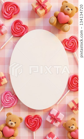 3D Valentine Gingham Background with Heart Candy, Gift Box, and Teddy Bear 134134720