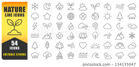 Nature Line Icon Set Offers Clean, Elegant Symbols Inspired By Weather, Plants, And Natural Elements. Perfect For Eco Themed Designs, Branding, Apps, And Environmental Projects. Isolated Vector Icons 134135047