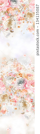 Assorted floral geometric and heart pattern panel designs in soft pastel colors 134135087