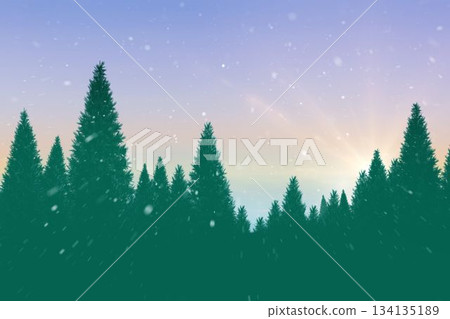 Flat design is showing pine forest silhouette under pastel gradient sky with drifting snowflakes Flat design is showing pine forest silhouette under pastel gradient sky with drifting snowflakes 134135189