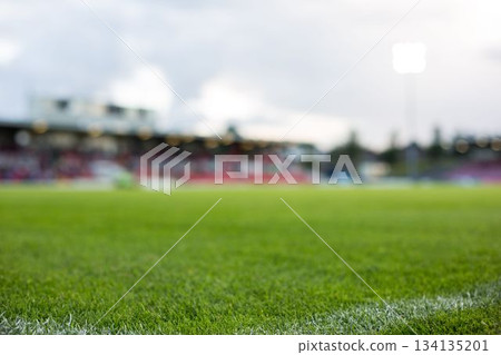 Flat design is showing green grass turf and crisp white sideline with red stands, floodlight tower 134135201