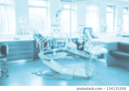 Flat design dental operatory is showing reclining chair with lamp, instrument arm, stool, cabinets 134135208