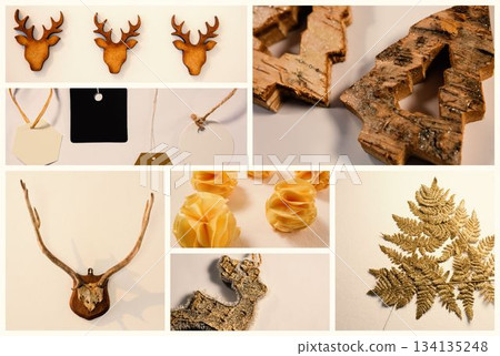 Flat lay collage is showing deer head ornaments and glittered tree shapes on neutral beige surface 134135248