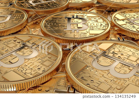 Metallic gold crypto coins are being shown in 3D render highlighting embossed circuit patterns 134135249