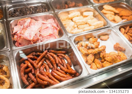 Sausages with meat at supermarket 134135273