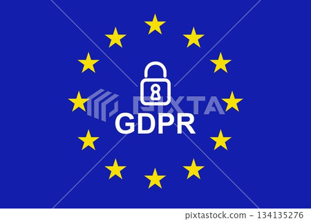 Displaying flat design GDPR padlock above GDPR text inside yellow EU star circle on blue background Displaying flat design GDPR padlock above GDPR text inside yellow EU star circle on blue background 134135276
