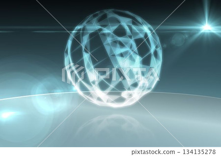 3D-render wireframe sphere floating above reflective plane emitting glow horizontal streaks flares 3D-render wireframe sphere floating above reflective plane emitting glow horizontal streaks flares 134135278