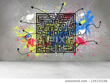 Grey wall with maze and splashes 134135286
