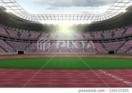 Showing flat design stadium seating with floodlit roof, red track circling infield and cloudy sky Showing flat design stadium seating with floodlit roof, red track circling infield and cloudy sky 134135305