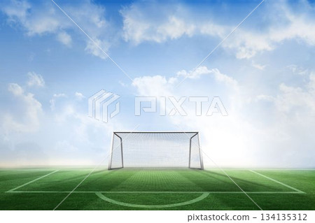 Football pitch and goal under blue sky Football pitch and goal under blue sky 134135312