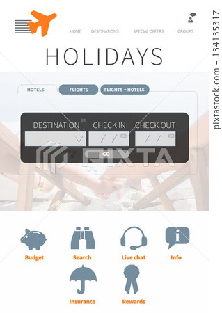 Flat design holiday booking form is overlaying beach with airplane icon and couple holding hands Flat design holiday booking form is overlaying beach with airplane icon and couple holding hands 134135317