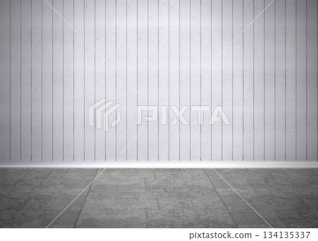 Showing interior with white wood-paneled wall, baseboard trim, grooves and gray concrete tile floor 134135337