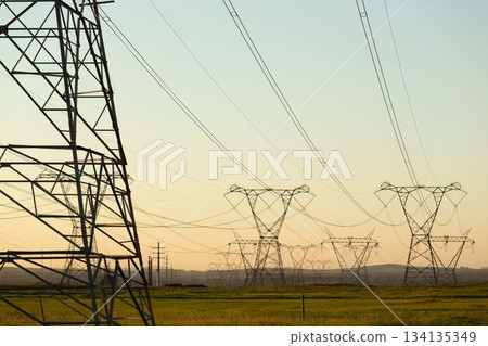The evening electricity pylon silhouette The evening electricity pylon silhouette 134135349