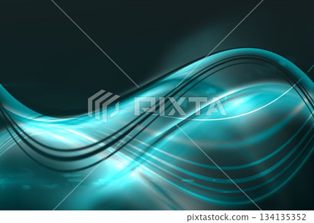 Glowing teal sine-wave curves are flowing across dark gradient backdrop in abstract digital art 134135352