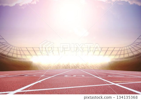 Flat design showing red numbered lanes converging in stadium at sunset featuring floodlights rails Flat design showing red numbered lanes converging in stadium at sunset featuring floodlights rails 134135368